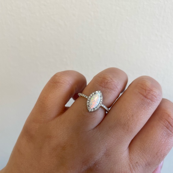Opal Marquise Halo Opal Ring Sterling Silver CZ Ring - Picture 5 of 7